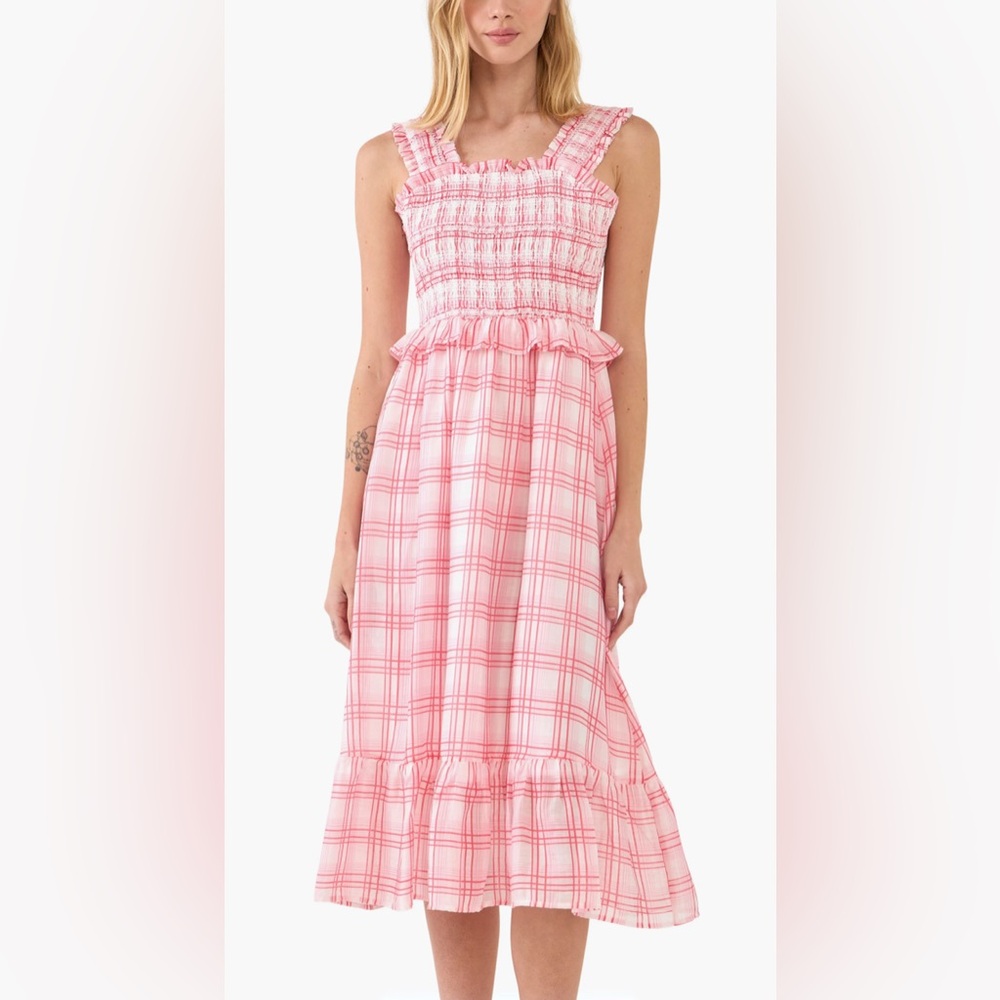 ✨Anthropologie English Factory Pink Plaid Midi Dress